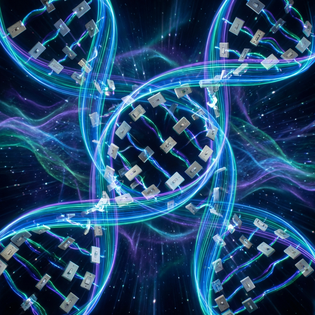A glowing DNA double helix in space with light switches acting as genetic rungs.