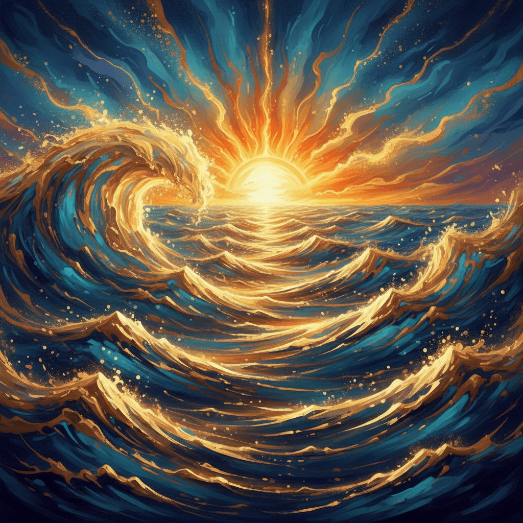 Stylized digital painting of crashing ocean waves under a bright, radiating sunset.