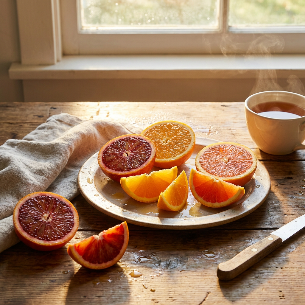Halved and sliced blood oranges and oranges on a table with steaming tea.