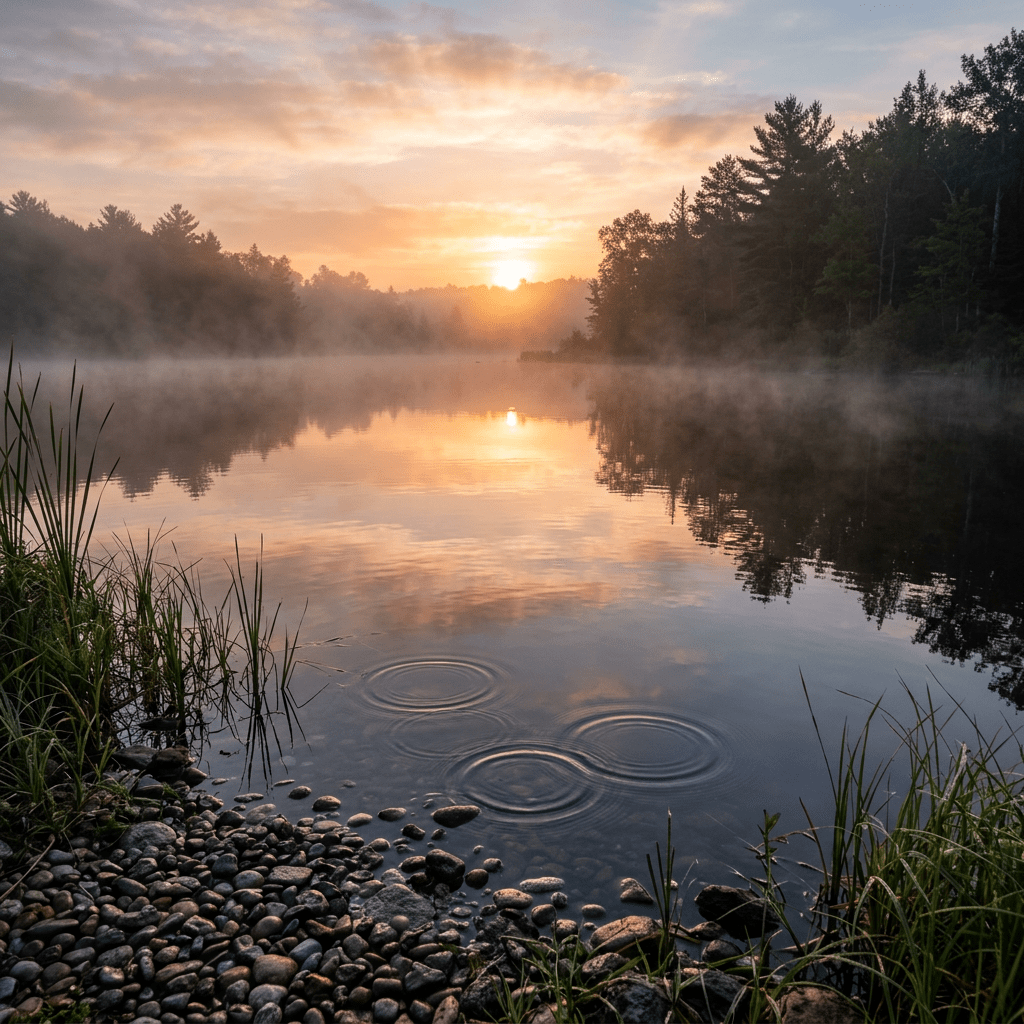 Sunrise over misty lake with ripples and rocky shore