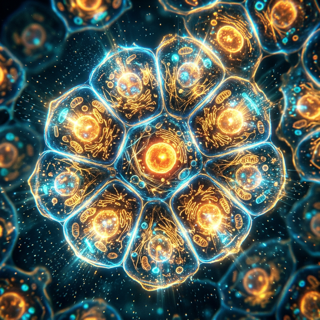 Glowing 3D cells arranged in a cluster with visible organelles inside each cell
