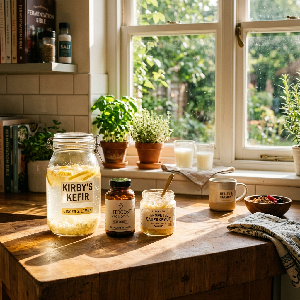 Jar of ginger and lemon kefir, probiotic capsules, fermented sauerkraut, fresh potted herbs, and breakfast items on kitchen counter