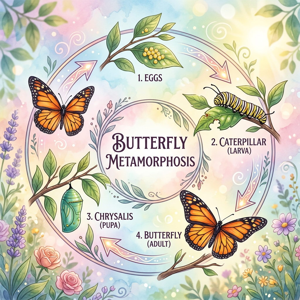 Butterfly metamorphosis cycle showing eggs, caterpillar, chrysalis, and adult butterfly
