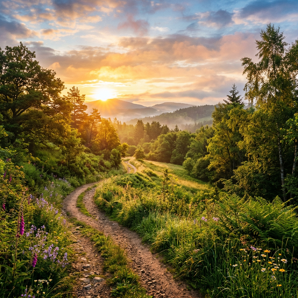 Winding dirt path surrounded by trees and wildflowers at sunrise