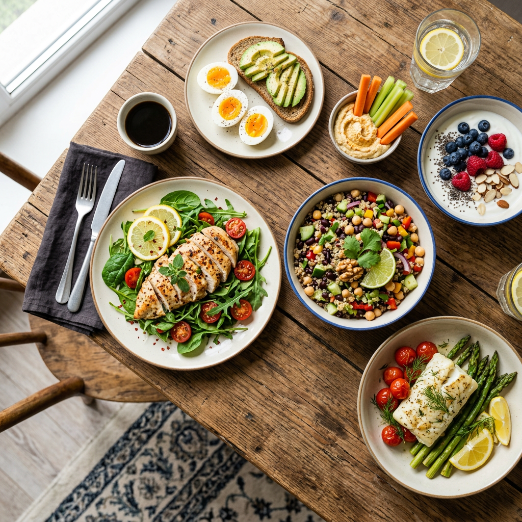 Plates of grilled chicken salad, quinoa salad, avocado toast with boiled eggs, hummus with veggie sticks, yogurt with berries and nuts, and lemon water on rustic wooden table