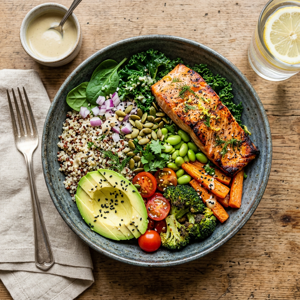 Bowl with grilled salmon, quinoa, avocado, cherry tomatoes, broccoli, carrots, spinach, kale, edamame, pumpkin seeds, and red onion