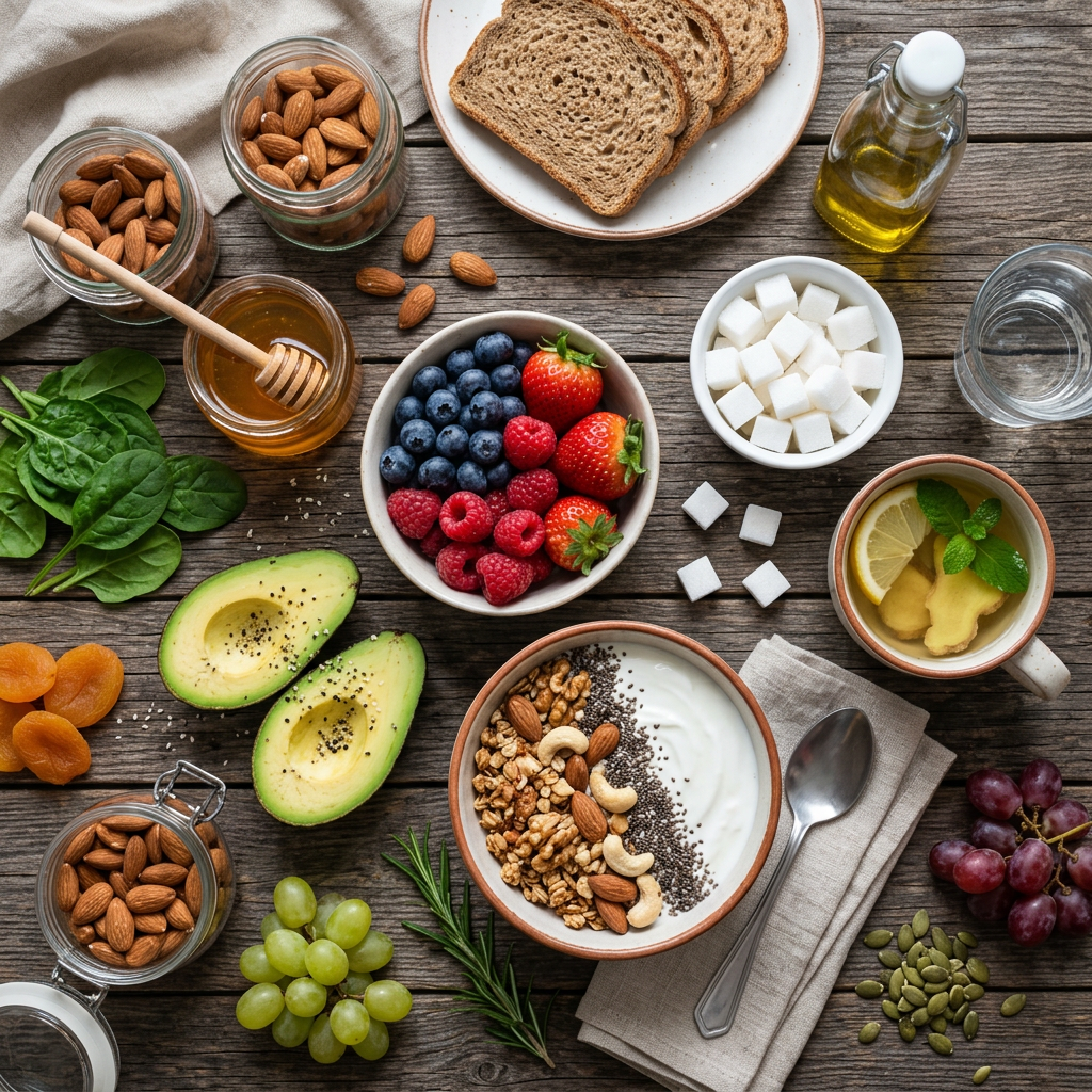 Bowl of yogurt with granola, nuts, and chia seeds surrounded by avocado halves, berries, almonds, honey, spinach, toast, grapes, pumpkin seeds, dried apricots, olive oil, and lemon ginger tea