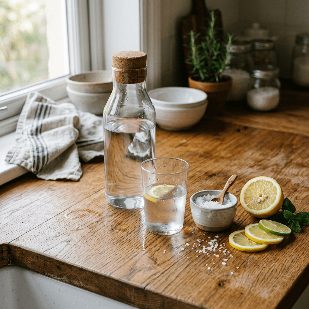 Glass of water with lemon slice, glass bottle with cork, small bowl of salt, halved lemon, citrus slices, and kitchen towel on wooden countertop