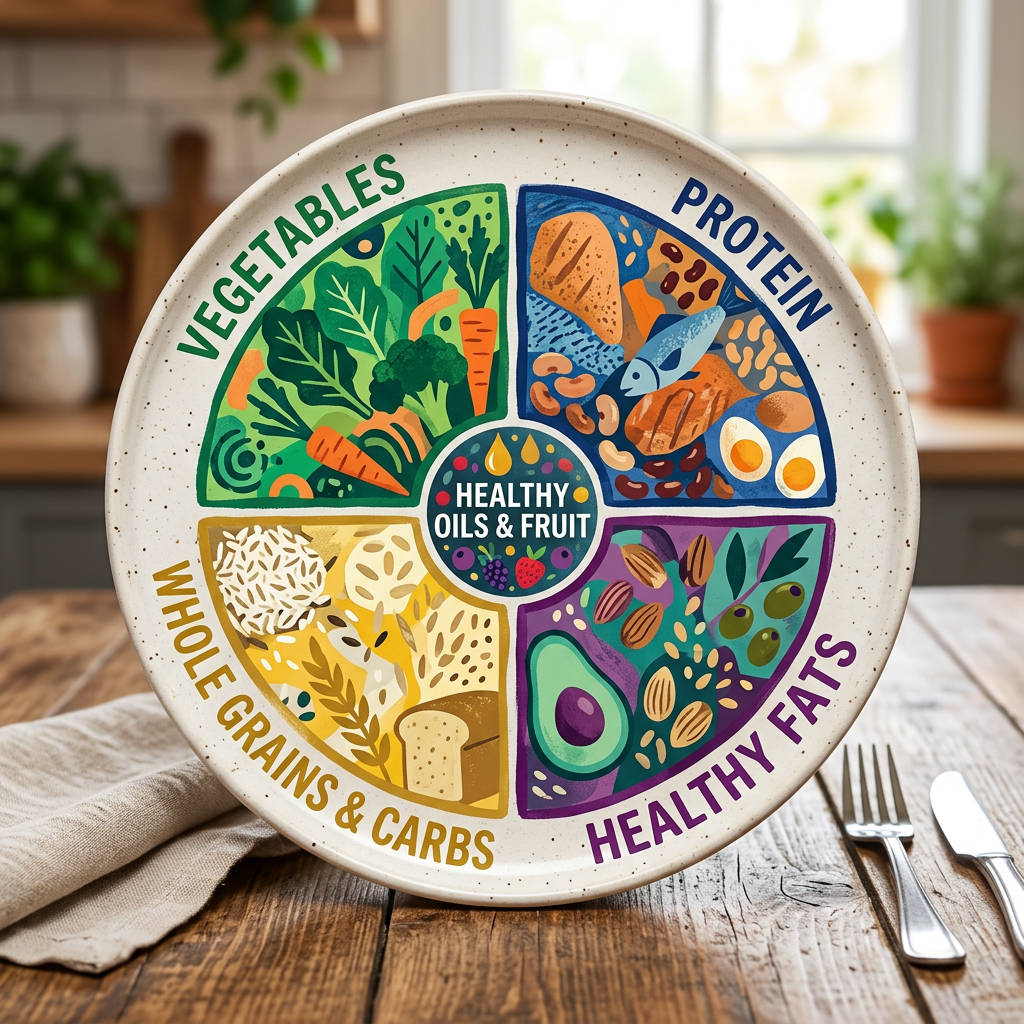 Plate divided into four sections labeled vegetables, protein, whole grains and carbs, healthy fats, with central label healthy oils and fruit
