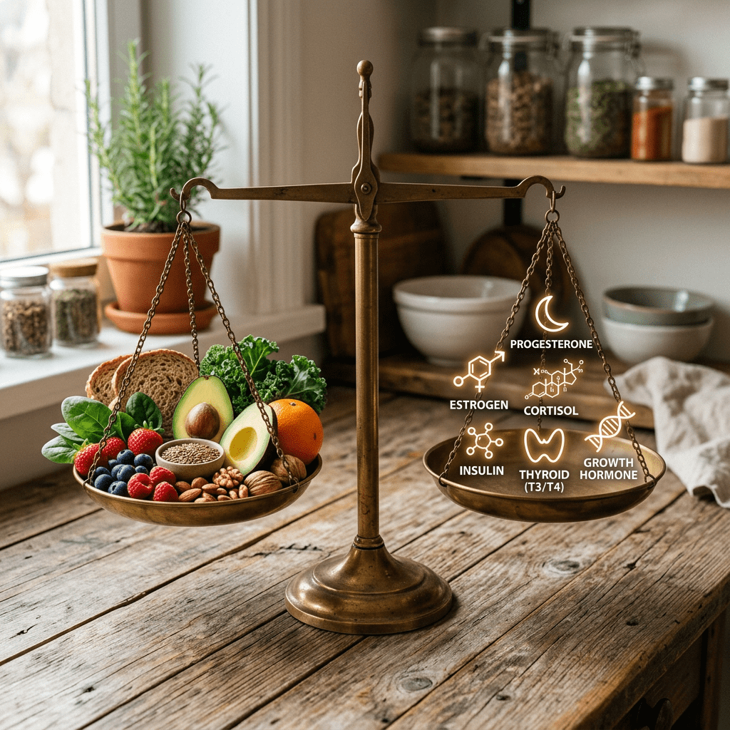 A vintage brass balance scale with healthy foods on one side and hormone names and symbols on the other side.