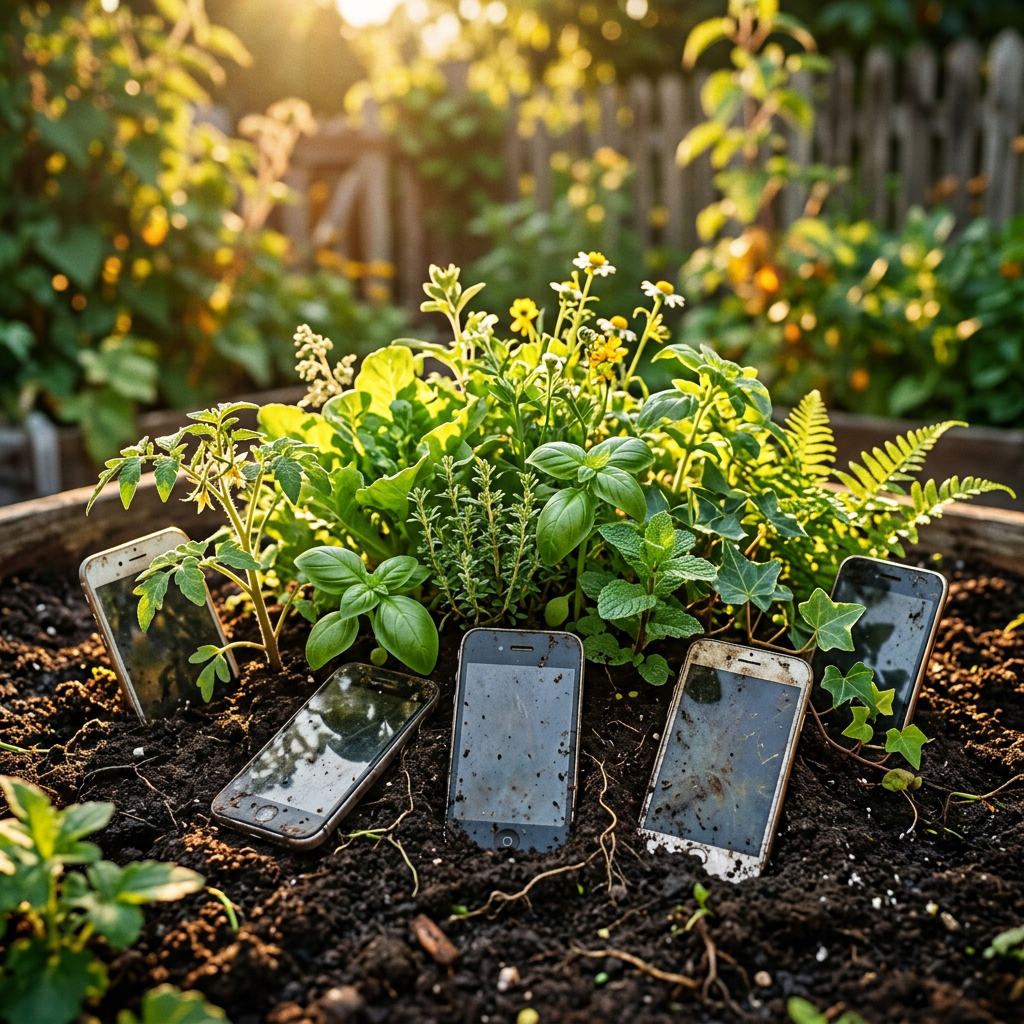 Smartphones partially buried upright in soil within a garden bed surrounded by green plants and flowers