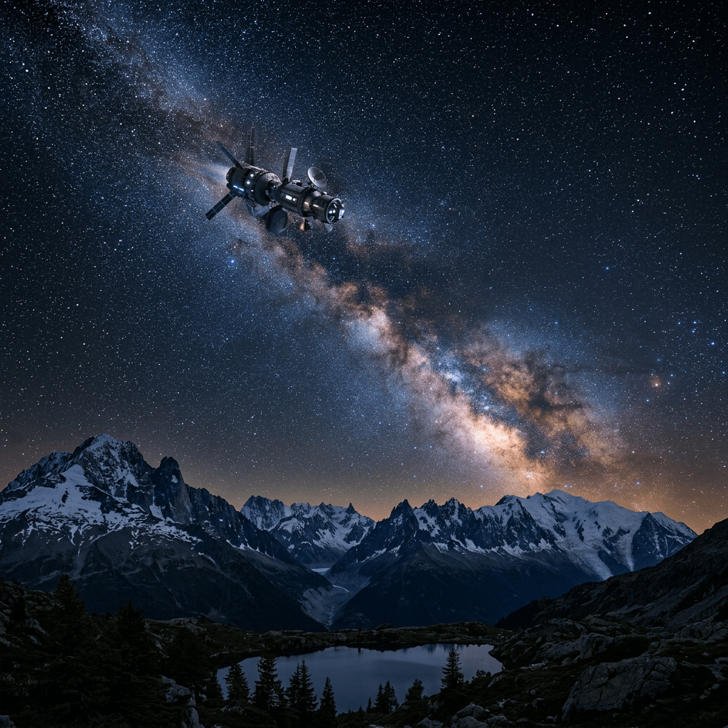 Spacecraft flying over snowy mountains under a starry night sky with the Milky Way visible