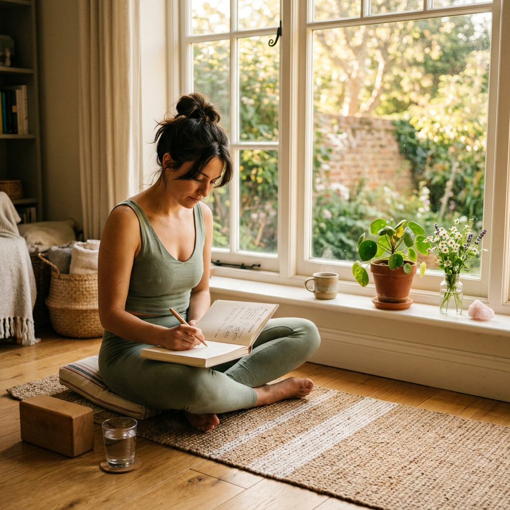 Woman sitting cross-legged on floor writing in journal by window