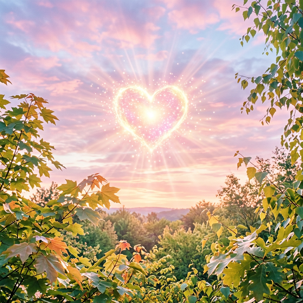 Bright glowing heart shape with sparkles above a green forest at sunset