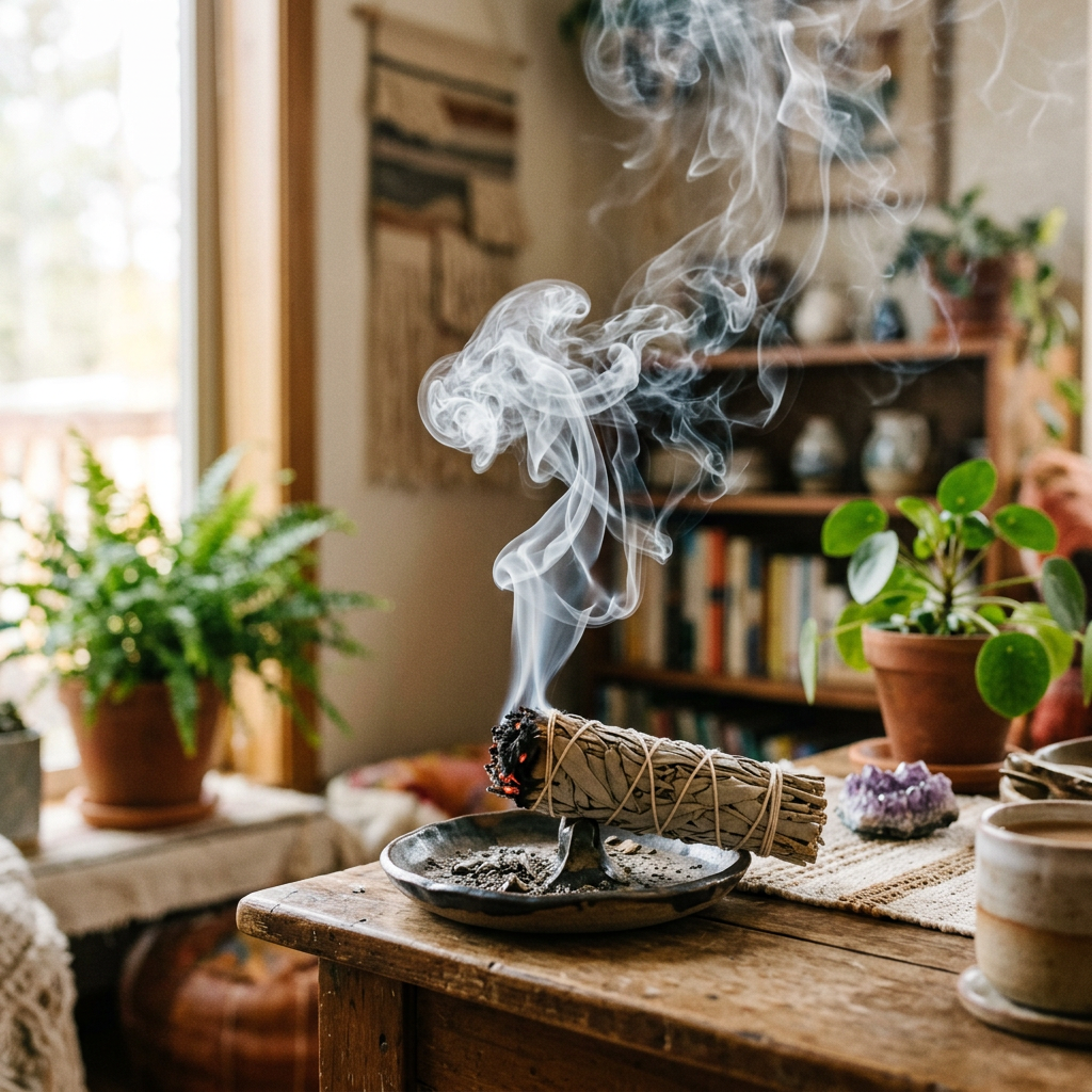 Smoldering white sage bundle emitting smoke on a pottery dish on wooden table