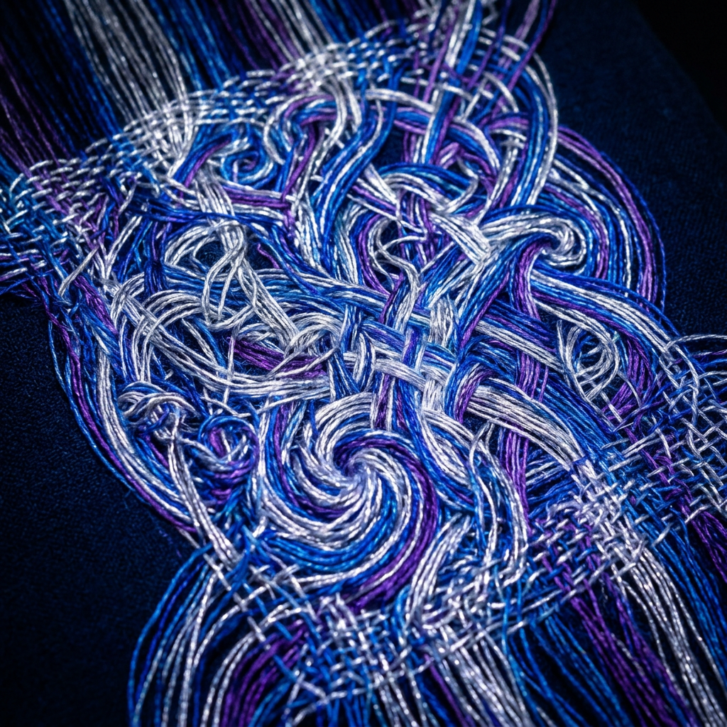 Blue and silver threads woven into an intricate Celtic knot embroidery