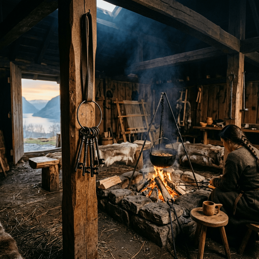 Person tending fire in rustic wooden cabin with hanging keys and open door showing lake and mountains