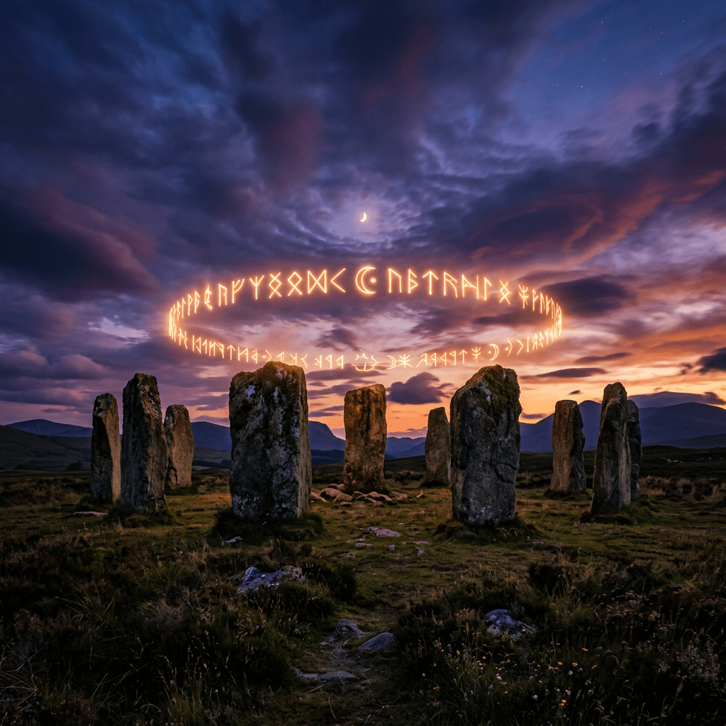 Glowing circular ring of runes floating above standing stone circle during twilight