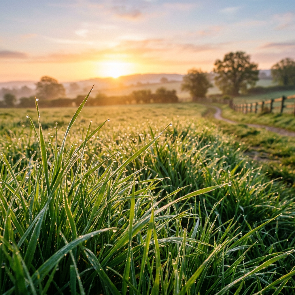 Dew-covered grass blades in a rural field at sunrise with a dirt path and trees