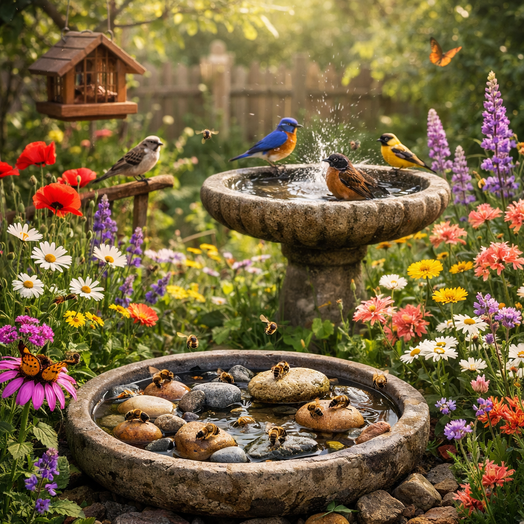 Birds bathing and bees drinking at stone birdbaths surrounded by colorful flowers