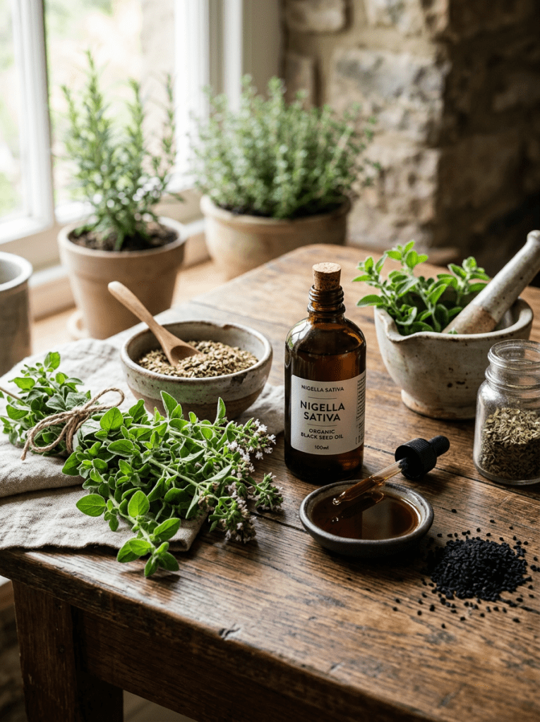 Bottle of organic Nigella Sativa black seed oil with fresh herbs and seeds on a wooden table