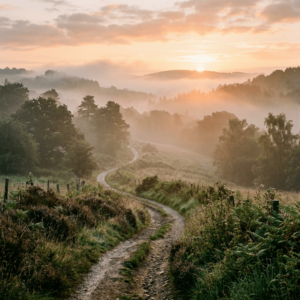 Winding dirt path through green countryside with morning mist and sunrise