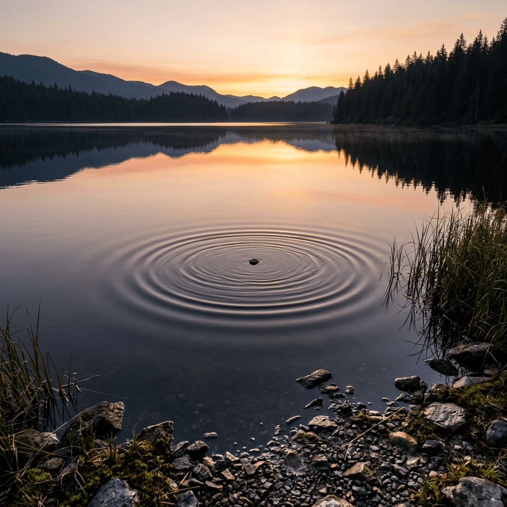 Calm lake at sunset with ripples from a stone in water, forest and mountains in background