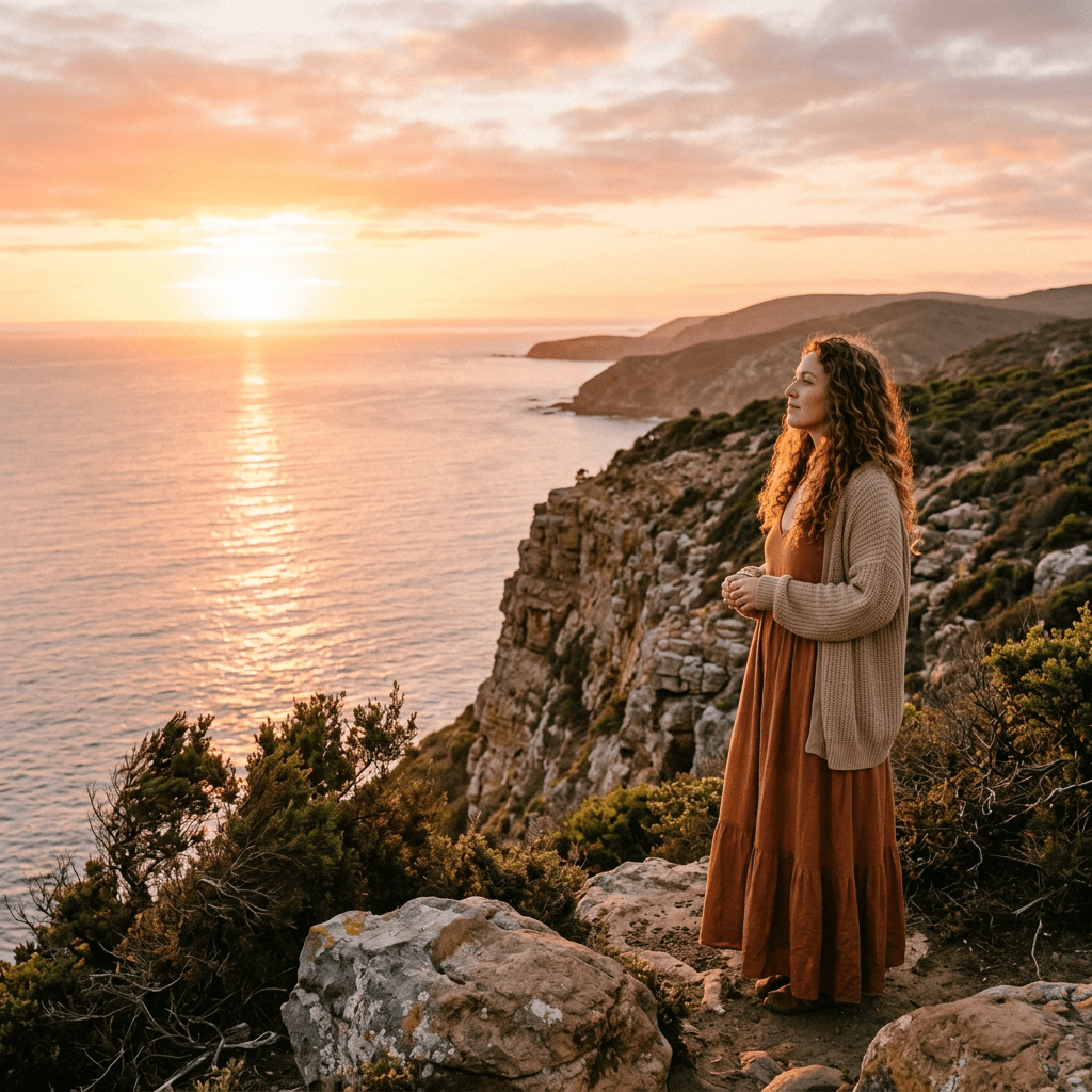 Woman in brown dress and cardigan standing on cliff looking at sunset over ocean
