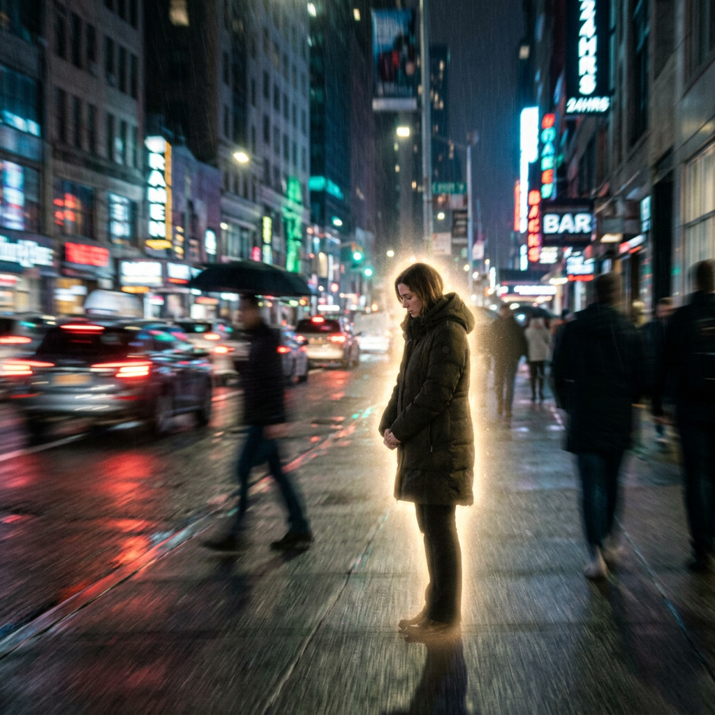 Woman standing alone on a wet city street glowing softly amidst blurred pedestrians and traffic at night