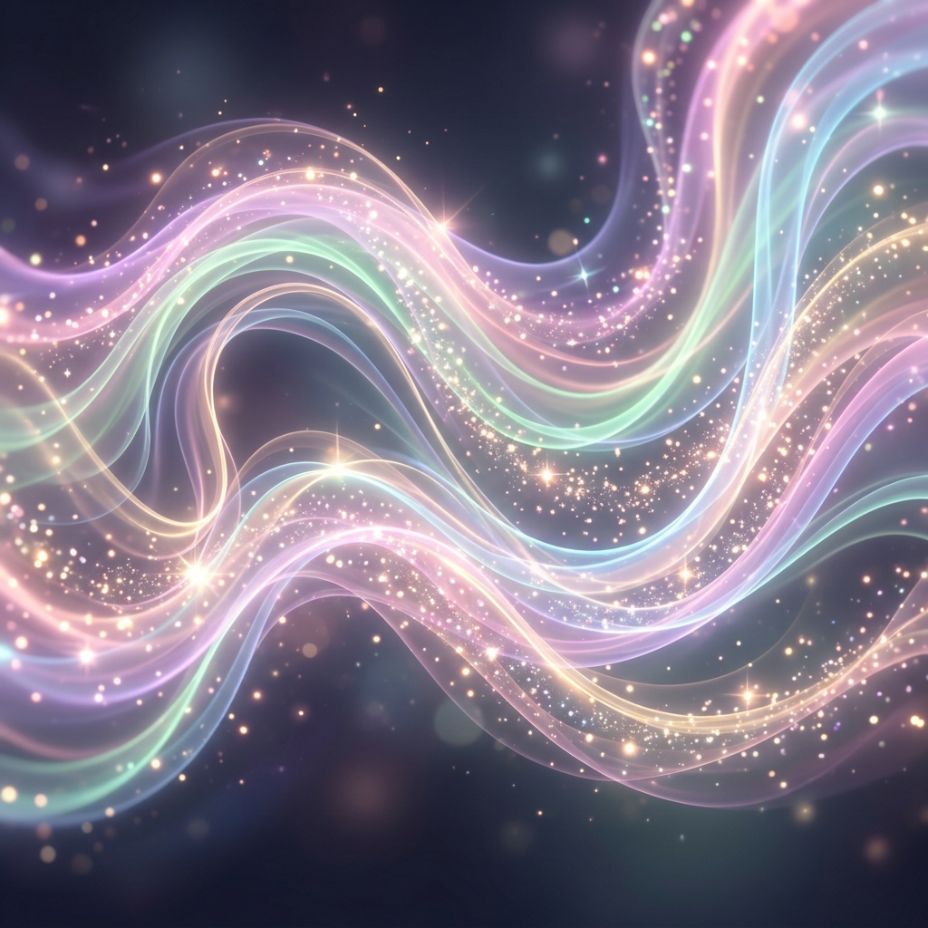 Flowing pastel-colored light waves with sparkling glowing particles on dark background