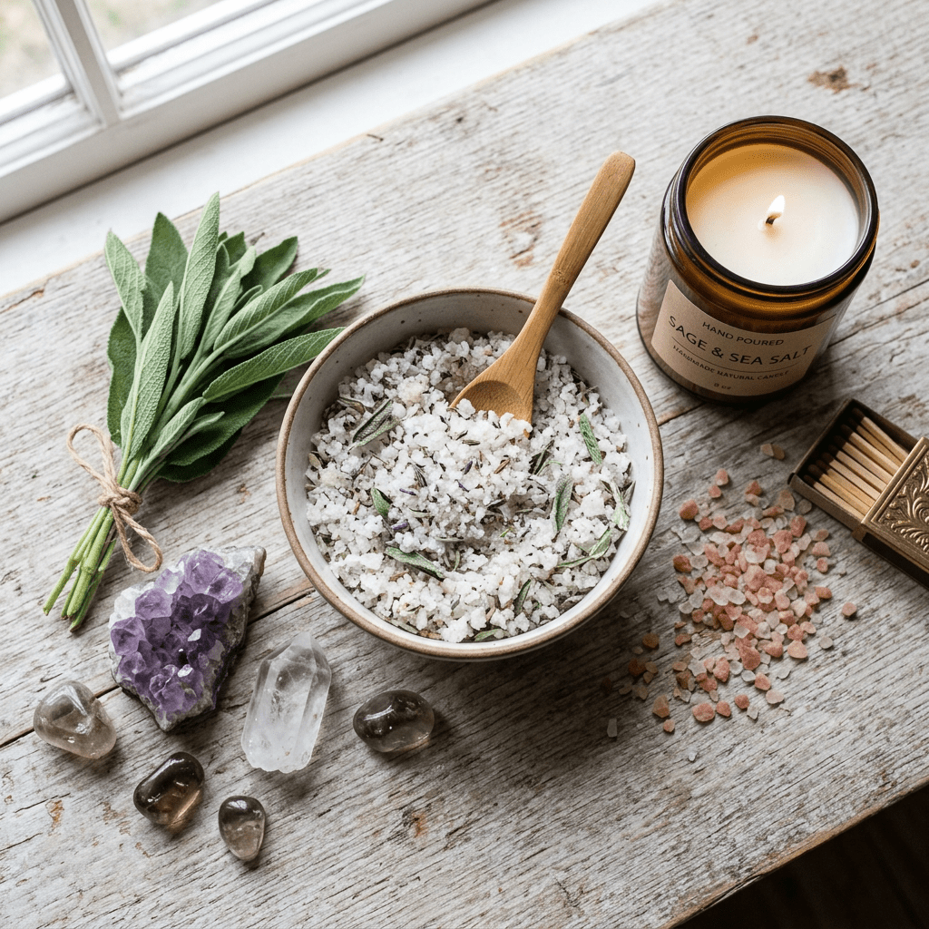 Bowl of sea salt with herbs, bundle of sage, crystals, lit candle labeled Sage & Sea Salt, and scattered pink salt on wooden table