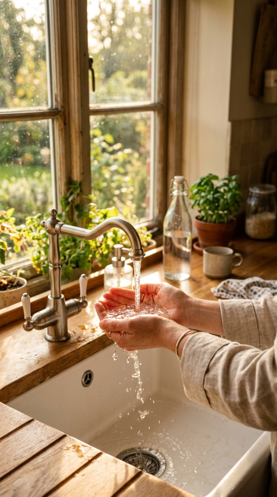 Hands cupped under running water from a kitchen faucet with potted plants on the windowsill