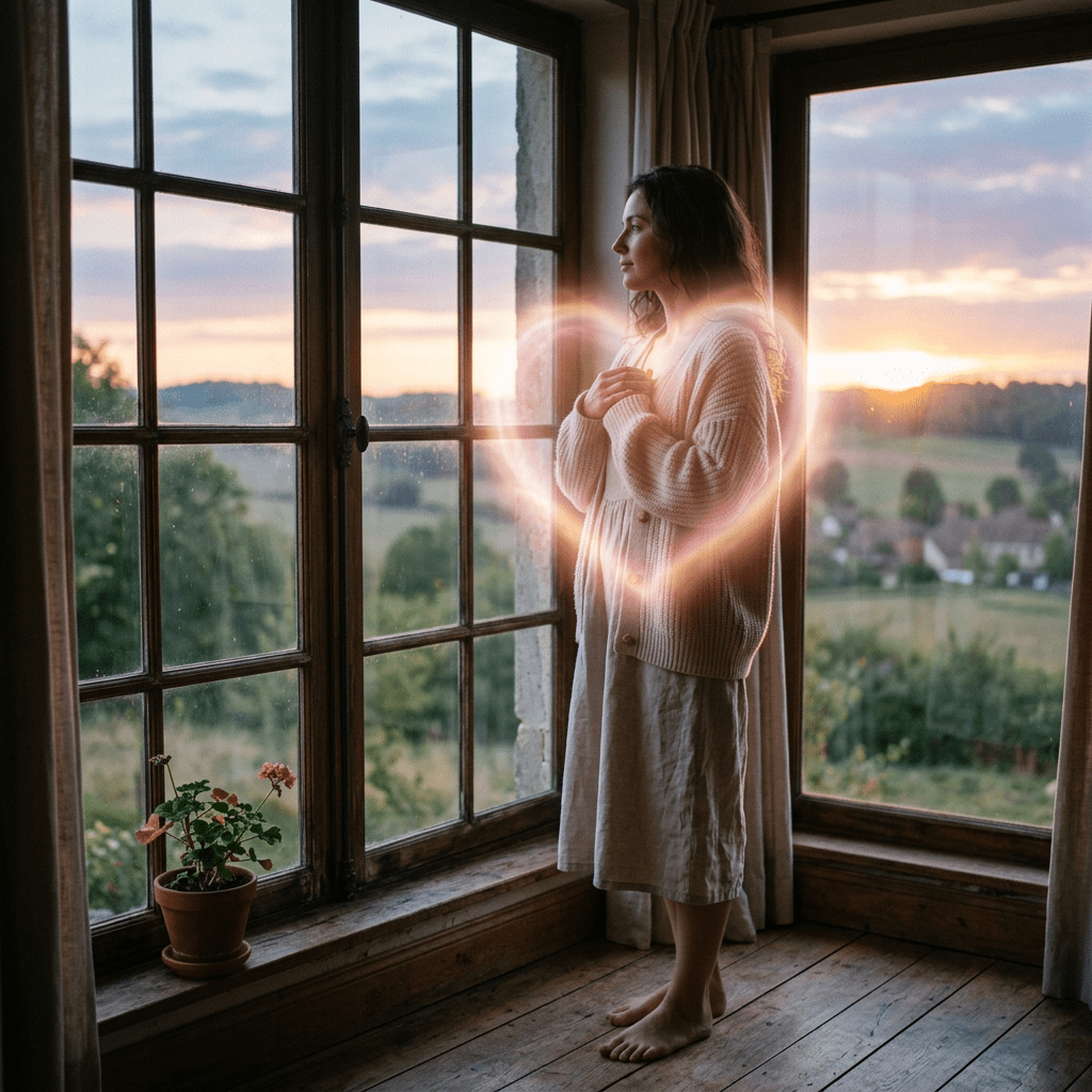 Woman standing barefoot by large window at sunset with glowing heart around chest