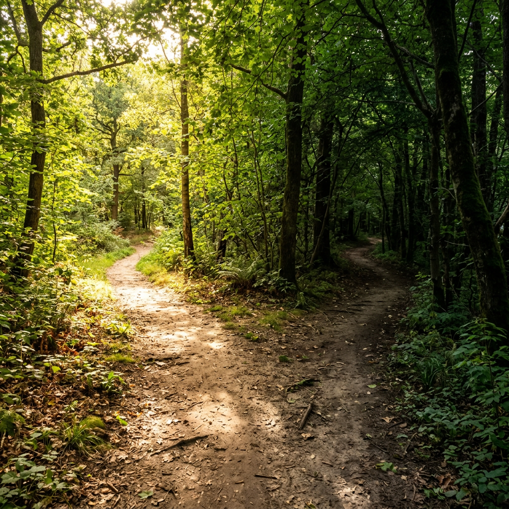 Dirt trail in forest splitting into sunlit left path and shaded right path