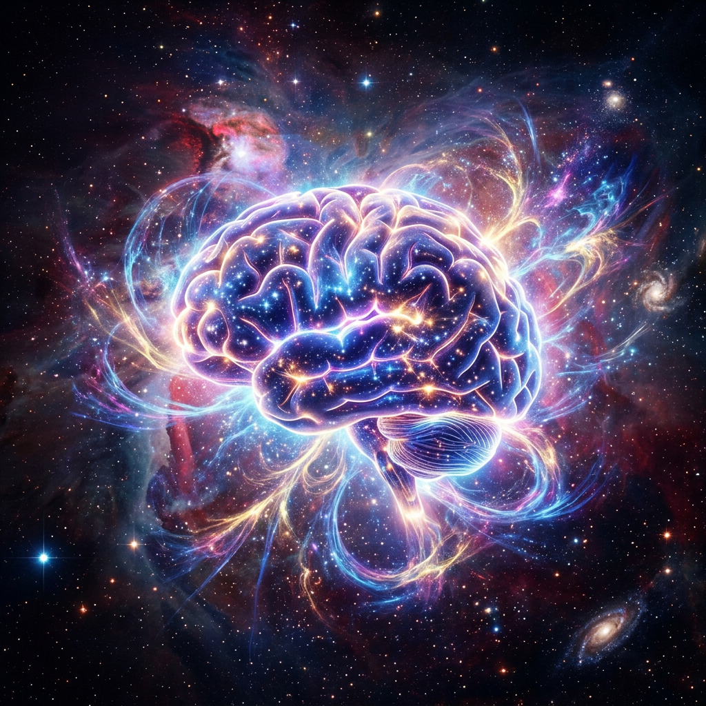 Human brain intertwined with colorful nebula and stars in space