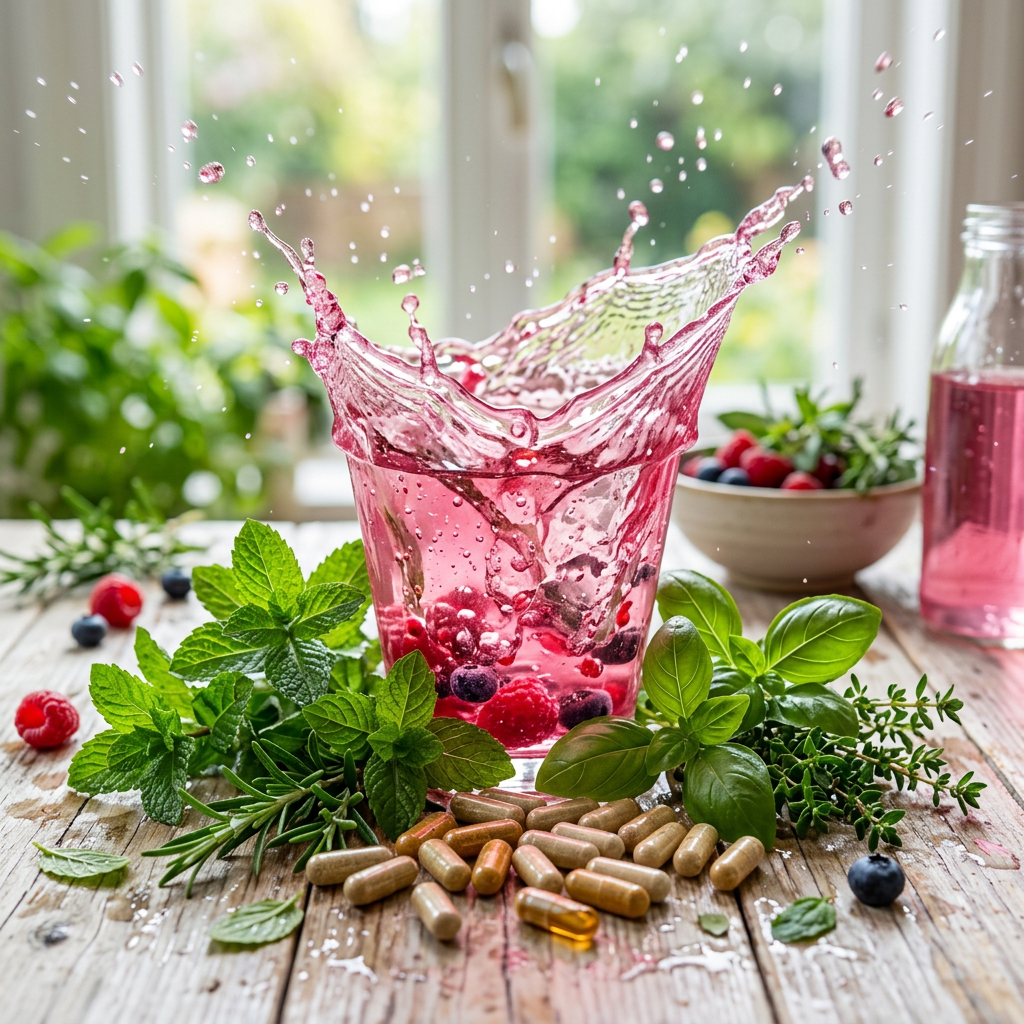 Glass with pink berry drink splashing surrounded by fresh herbs, capsules, and berries