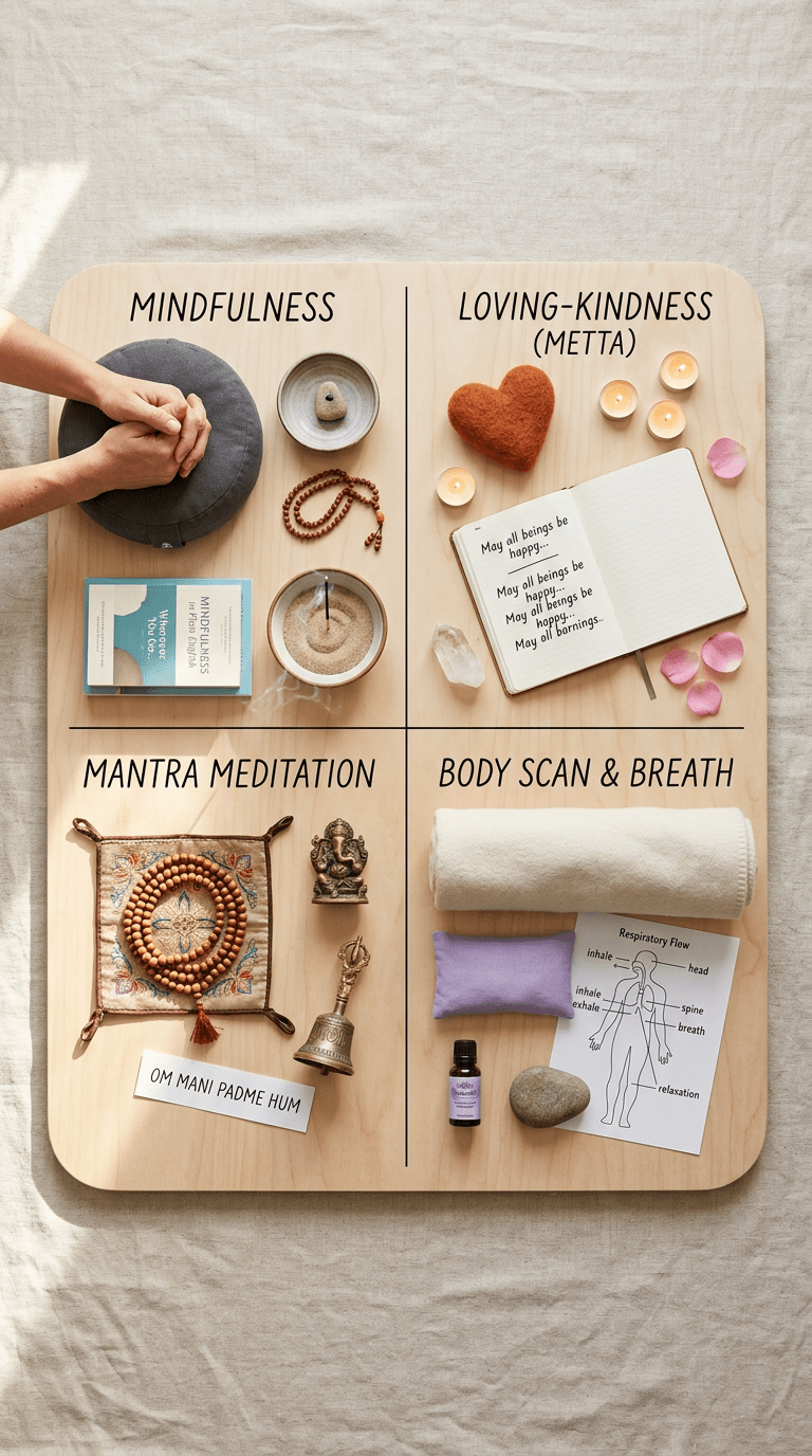 Four sections showing mindfulness, loving-kindness, mantra meditation, and body scan & breath with related items.