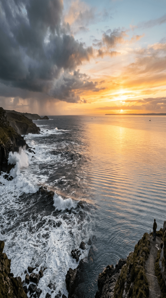 Person standing on cliff edge overlooking rough ocean waves and sunset with dark clouds