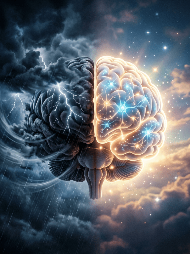 Illustration of a brain split into two halves, one dark and stormy with lightning, the other glowing with bright neural connections