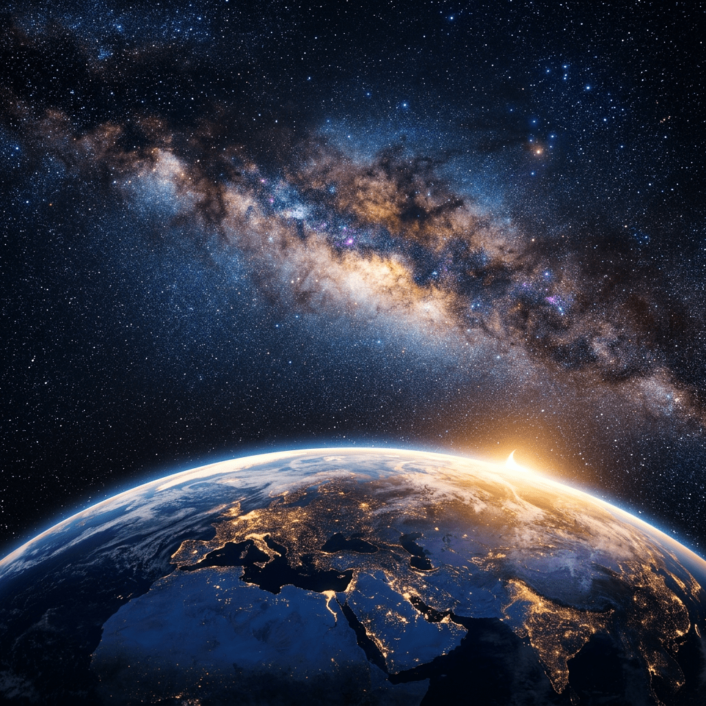 Earth at night with illuminated cities and a bright Milky Way galaxy overhead