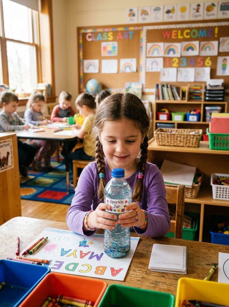 Girl holding a glitter sensory bottle labeled Sparkle Jar in a kindergarten classroom