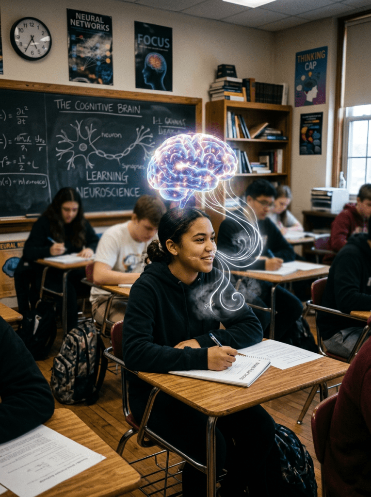 Student in classroom with glowing brain illustration above head representing cognitive learning