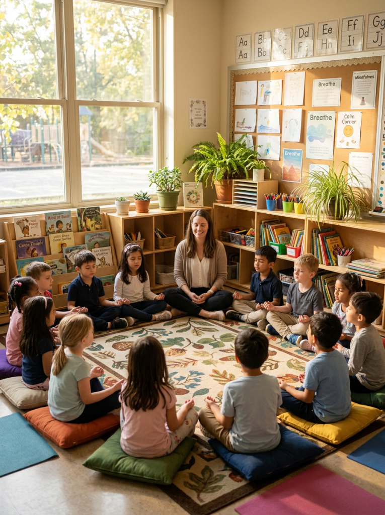 Teacher and diverse children sitting in a circle on cushions meditating in classroom