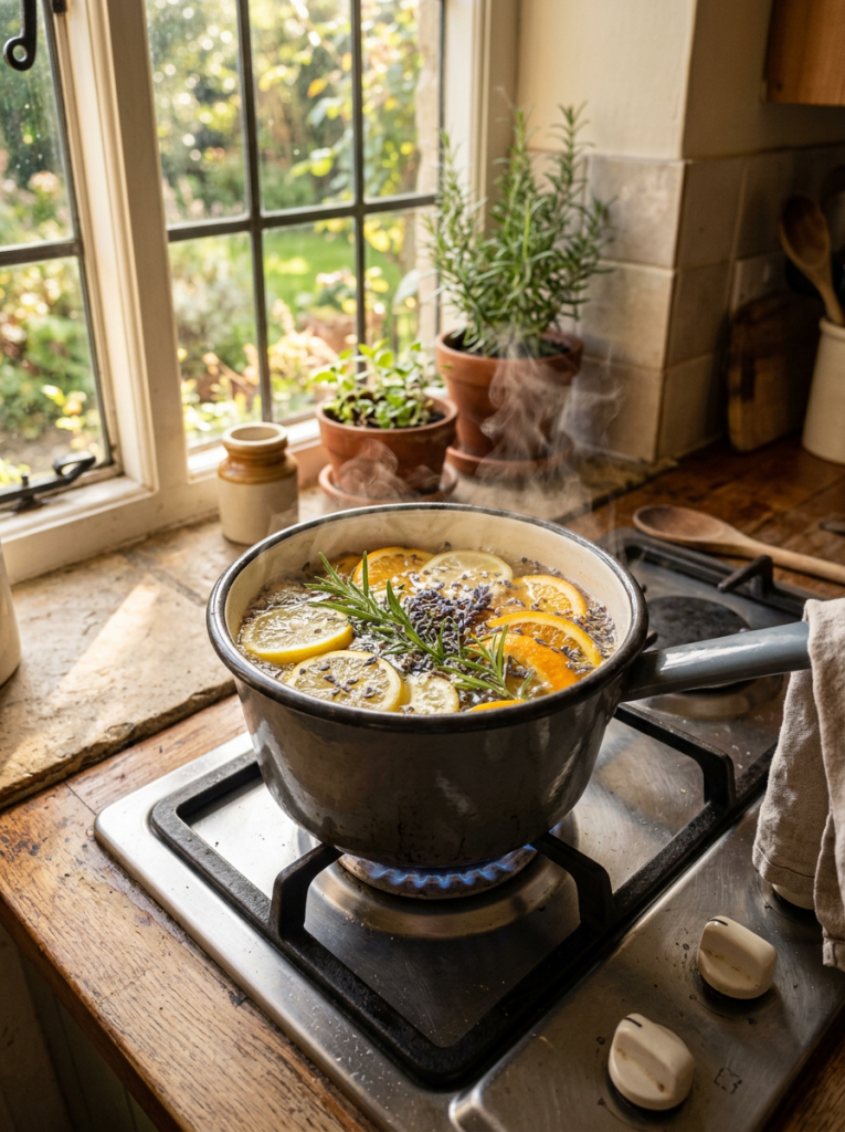 Pot simmering citrus slices and herbs on gas stove