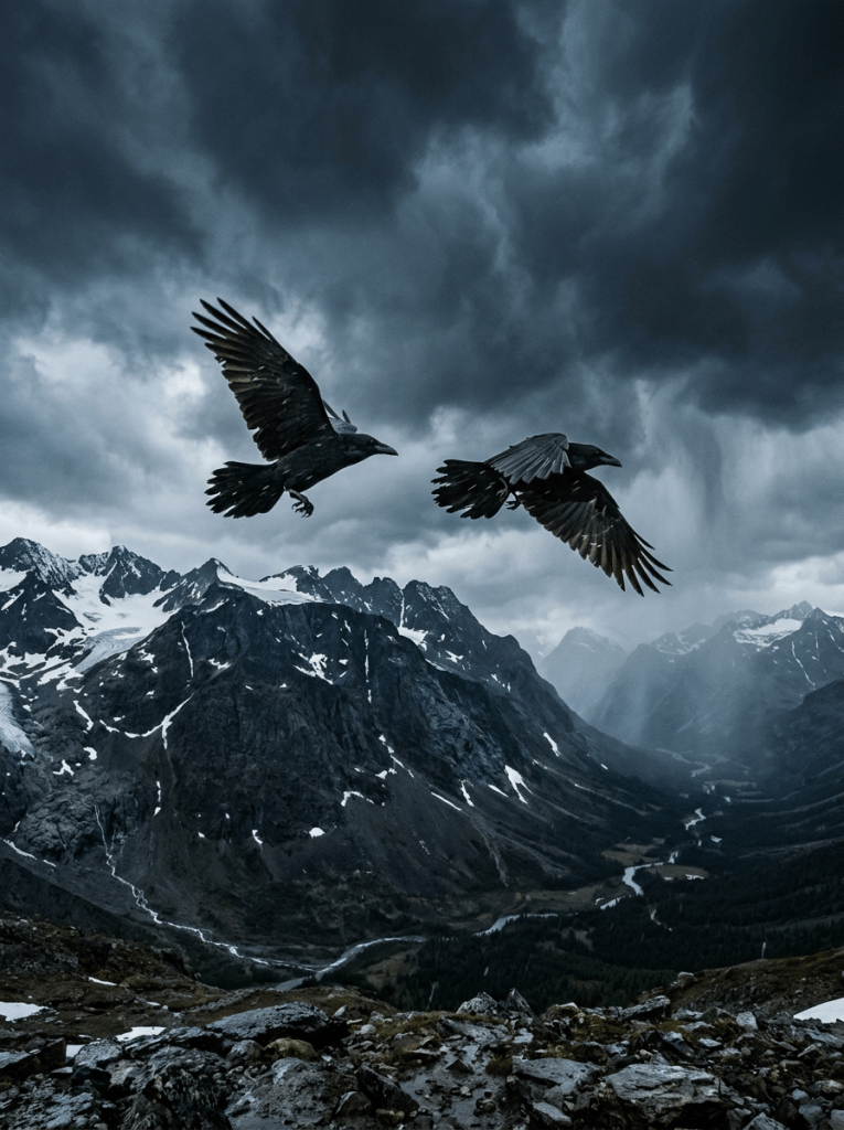 Two ravens flying over snow-capped rocky mountains with dark storm clouds