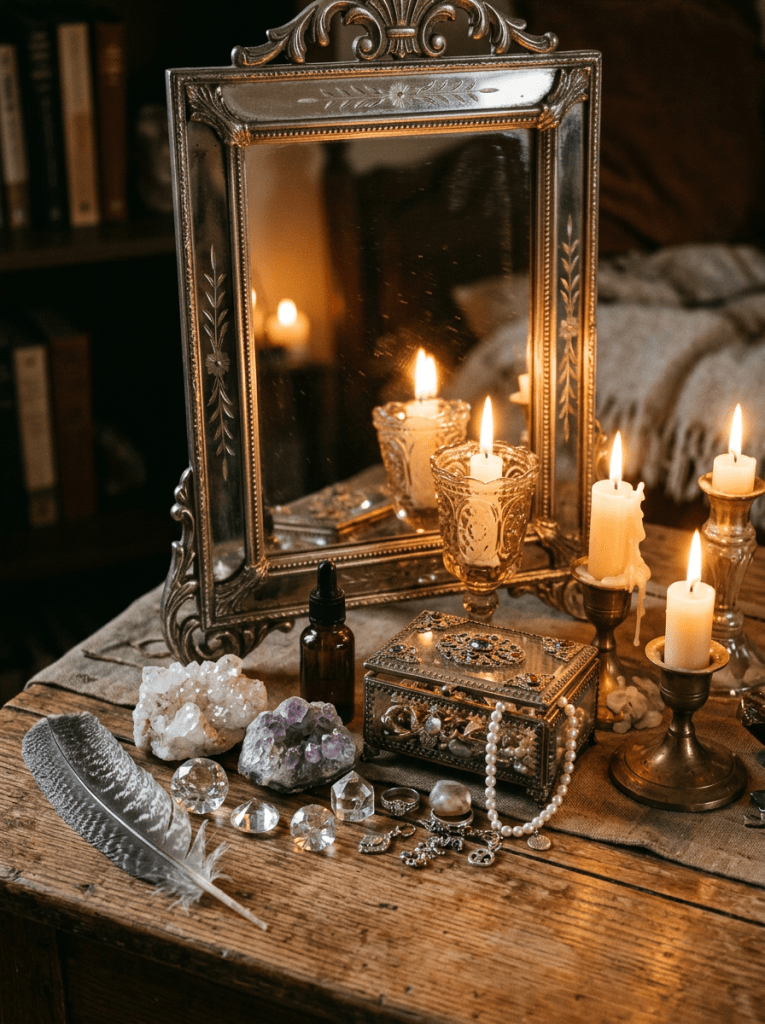 Ornate mirror on wooden table surrounded by lit candles, crystals, jewelry, and a feather