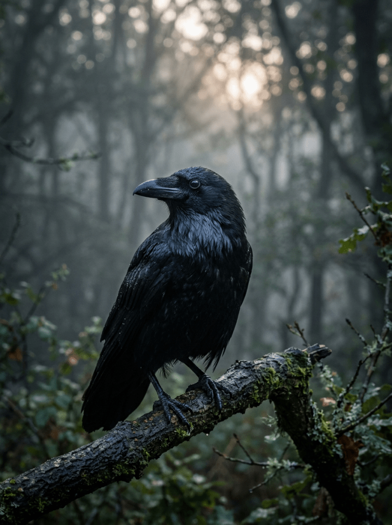 Black raven perched on a mossy tree branch in a foggy forest