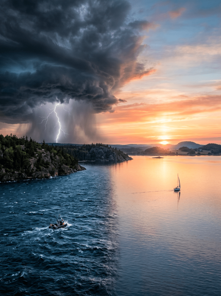 Storm with lightning over dark turbulent water on left and calm sunset sea with sailboat on right