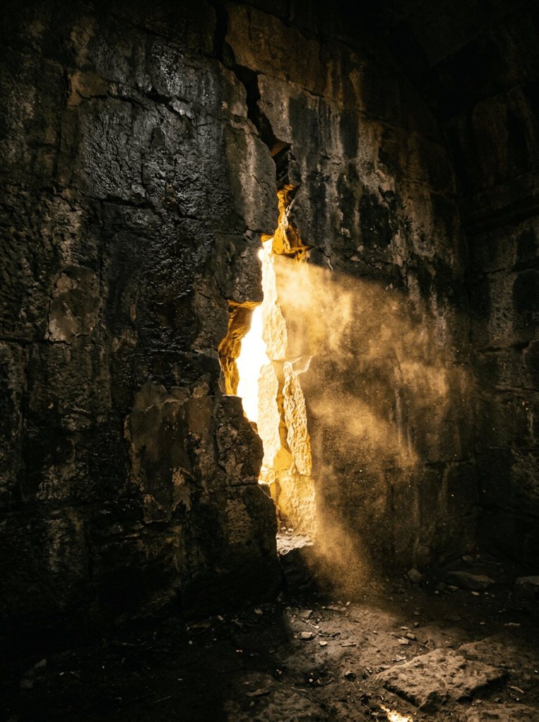 Sunlight passing through a crack in a dark, weathered stone wall with dust illuminated.