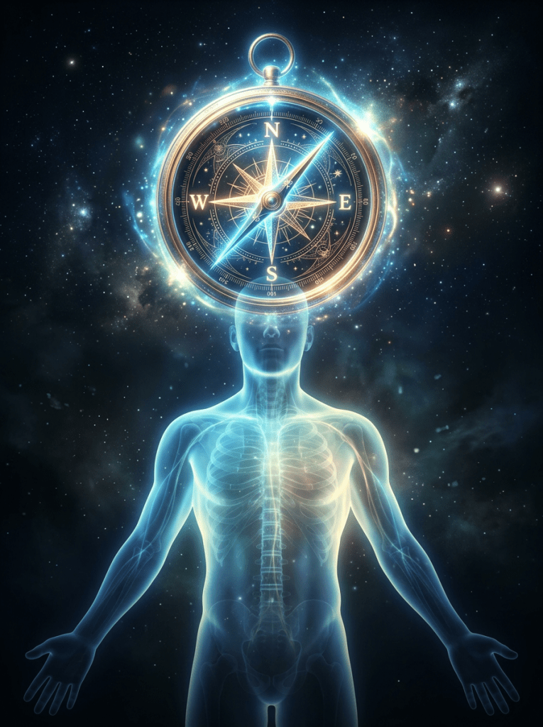 Glowing human figure with visible skeleton and a large compass above the head in a starry cosmic background